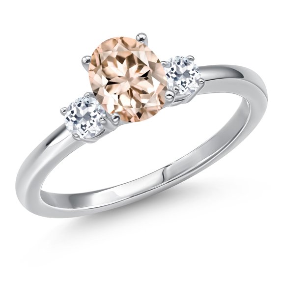 Gem Stone King 14K White Gold Peach Morganite and White Topaz Engagement Ring for Women | 0.93 Cttw | Oval 7X5MM | Gemstone October Birthstone | Size 8