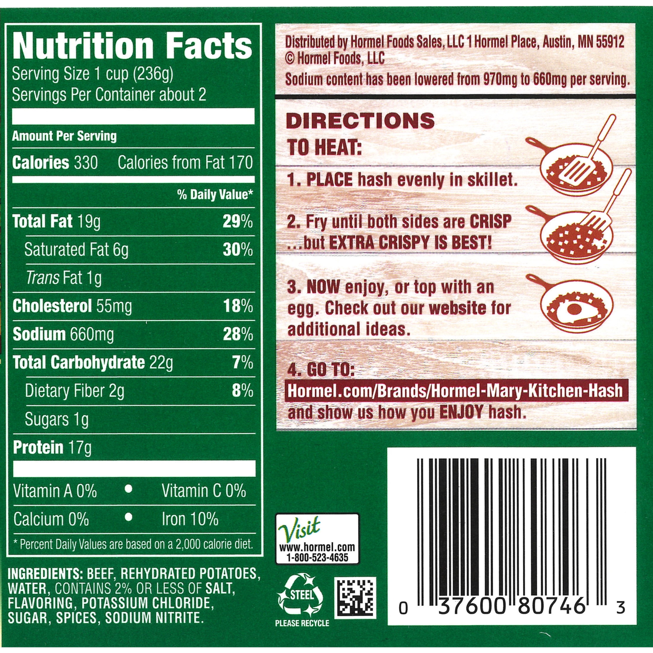 MARY KITCHEN Corned Beef Hash, Reduced Sodium, Shelf-Stable, 14 oz Steel Can