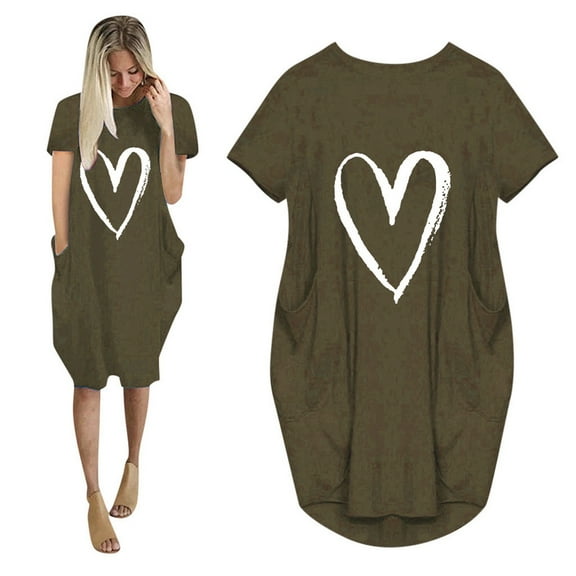 MRULIC dresses for women 2022 Fashion Women Loose Love Print O-Neck Pockets Casual Short Sleeves Dress Women's Casual Dress Army Green XL