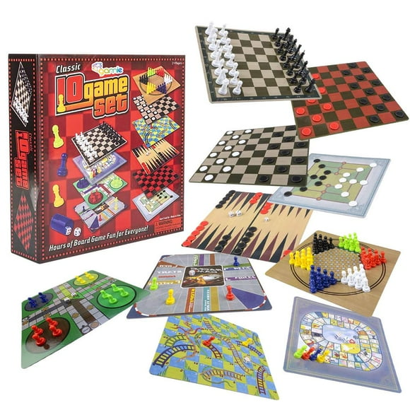 Gamie 10 in 1 Board Game Set, Travel-Friendly Family Board Game Set with Backgammon, Chinese Checkers, Snakes and Ladders, Game of The Goose, Sorry, Draught, Racing, Chess and More