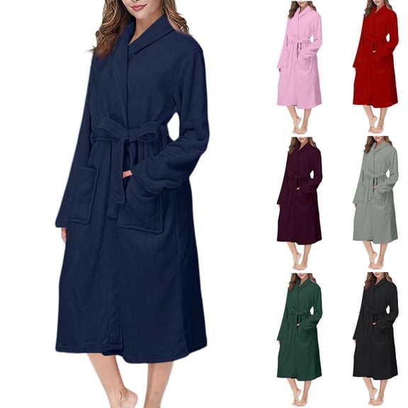 Women's Long Lapel Warm Bathrobe - Solid Color Thick Fitted Sleepwear Nightgown - Military Green - L