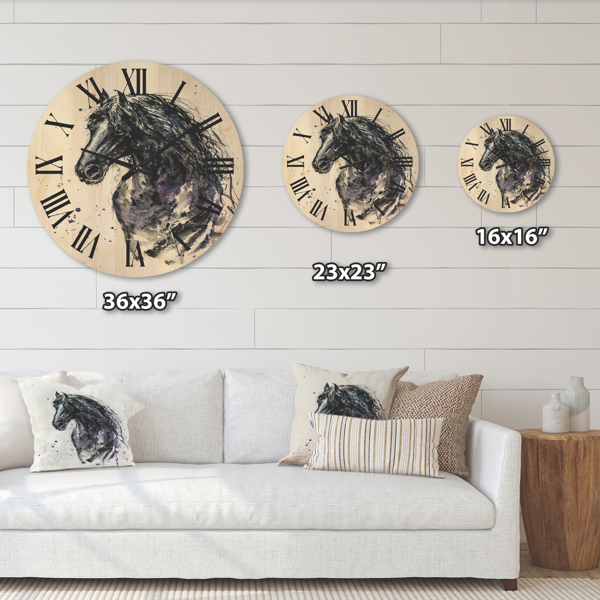 Designart 'Close Up of Friesian Horse With Long Manes' Farmhouse Wood Wall Clock