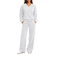 thumbnail image 3 of Xaqiouau Women's V-Neck Sweatshirt and Wide Leg Pants Set Loose Fit Long Sleeve Pullover Top High Waisted Drawstring Tracksuit Casual Lounge Wear 2 Piece Outfit White L, 3 of 9