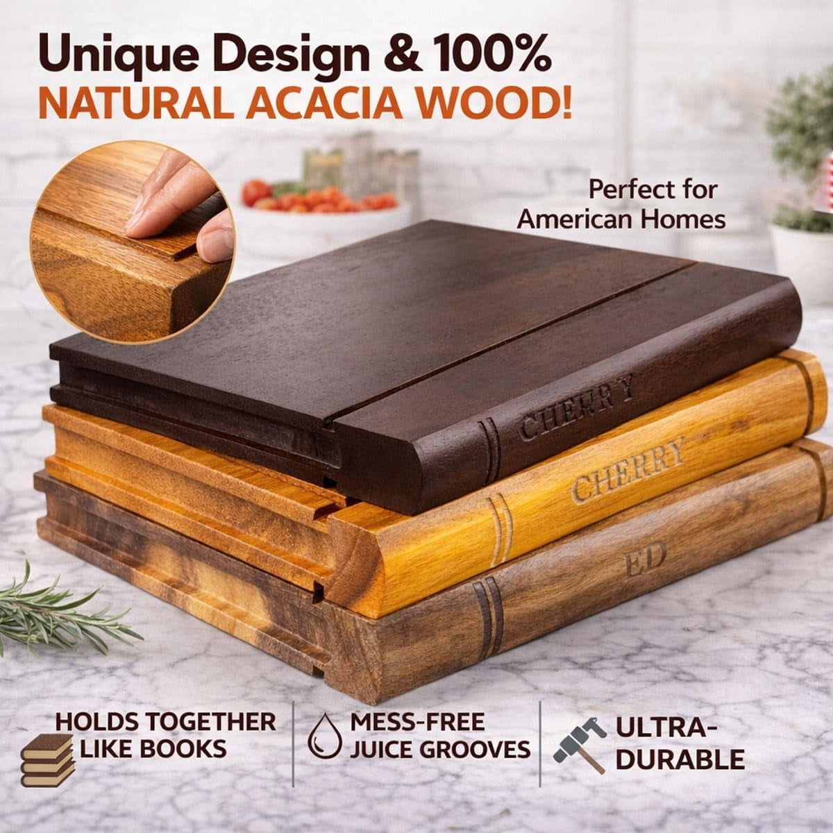 3-Pack Book Shaped Acacia Wood Cutting Board Set with Stand for Kitchen Meal Prep