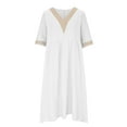 thumbnail image 4 of CFLVAEK Summer Gauze Cotton Linen Dresses for Women with Pocket Plus Size Short Sleeve Resort Wear Dress Casual Solid Color Beach Dresses Loose Fit Eyelet V Neck Midi Long Dress White XXXL, 4 of 6
