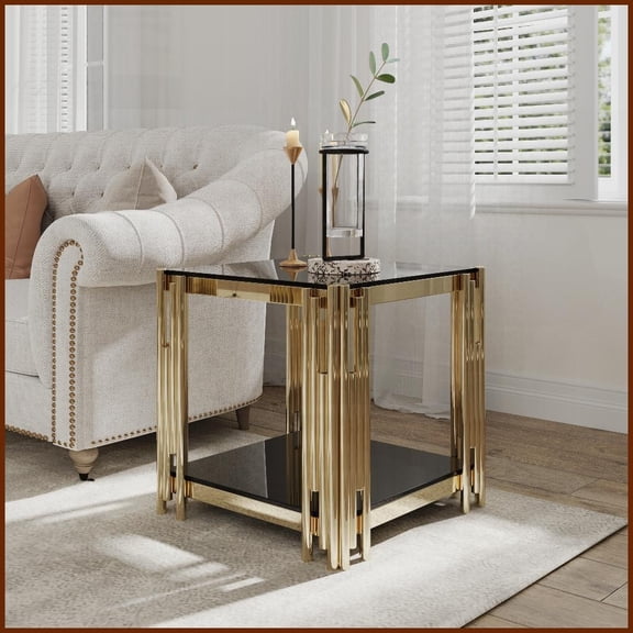 Glam 20” Square Coffee Table with Black Tempered Glass Top & Gold Stainless Steel – Easy-Clean for Living Room/Bedroom