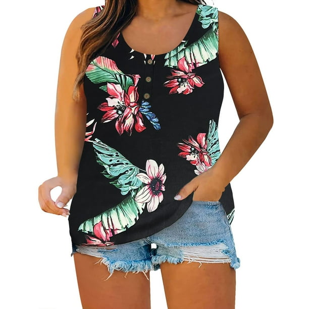 Tank Top Vestido Para Las Mujeres Verano Mujer sin mangas Floral impreso botón de talla grande camisetas sin mangas suelta cuello redondo chaleco camisetas túnicas camiseta (Black, XXXXXL)