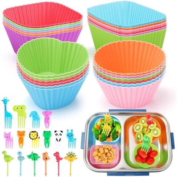 100PCS Silicone Lunch Box Dividers, Reusable Liners, Animal Picks