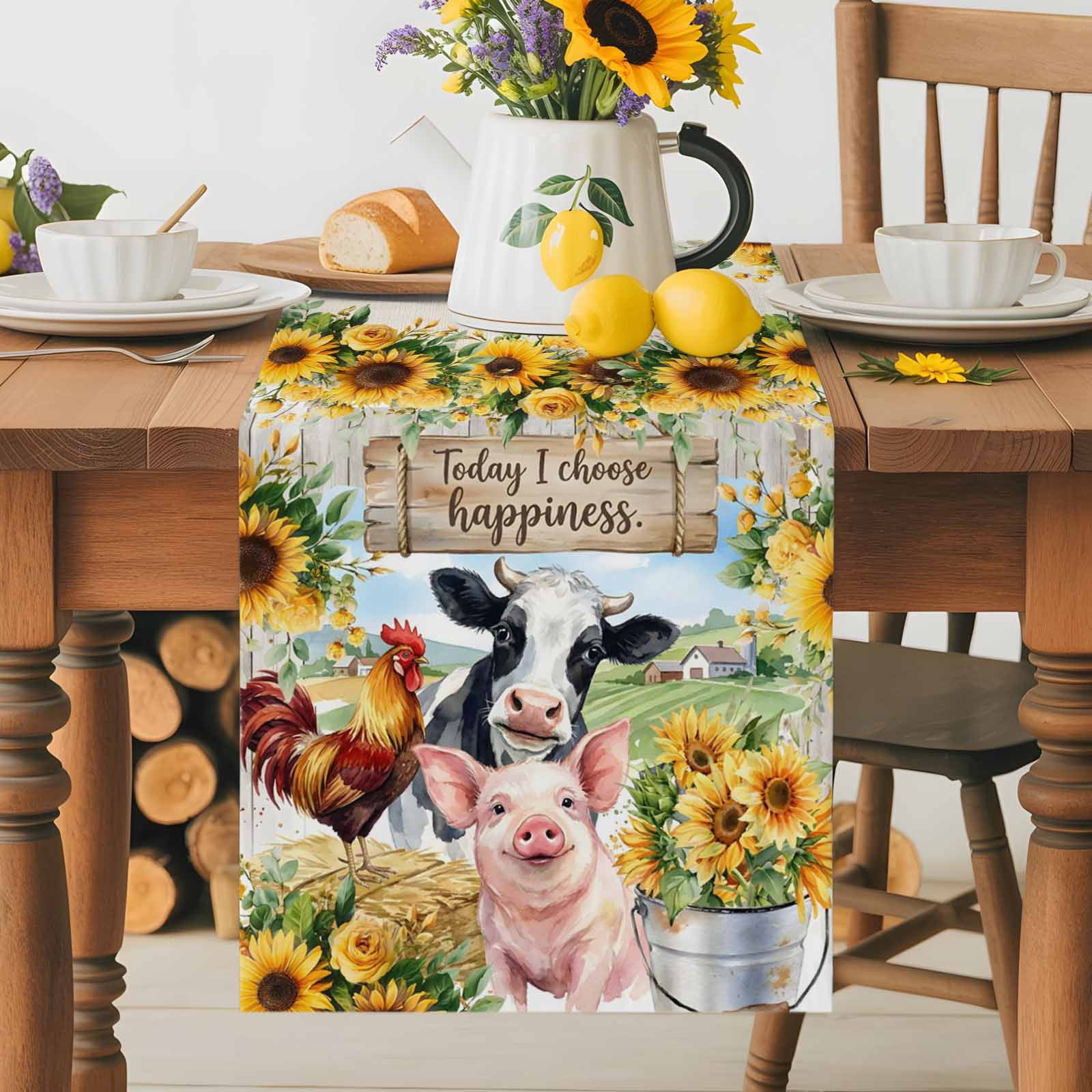 Kitchen Table Runner 90 Inches Long, Farm Cow Rooster Pig Sunflower Cotton Linen Table Runners for Dining Tables Home Holiday Party Wedding, Rustic Animals Wood Barn Tabletop Scarf