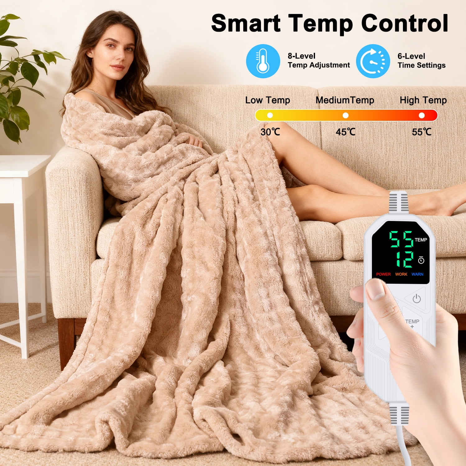 KINGTE Heated Blanket with 8 Heat Settings & 1-12H Auto Shut-off, 62"x84" Machine Washable Electric Throw, Overheat Protection,Household, Bedding