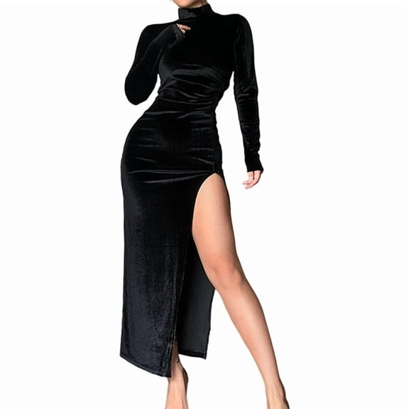 Women'S Long Sleeve Side Ruched High Slit Maxi Dress Mock Neck Velvet Bodycon Party Club Thigh Split Long Dress Black XL