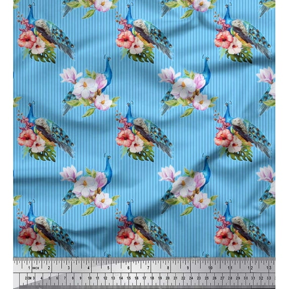 Soimoi Blue Rayon Fabric Stripe,Pink Floral & Peacock Bird Printed Craft Fabric by The Yard 42 Inch Wide
