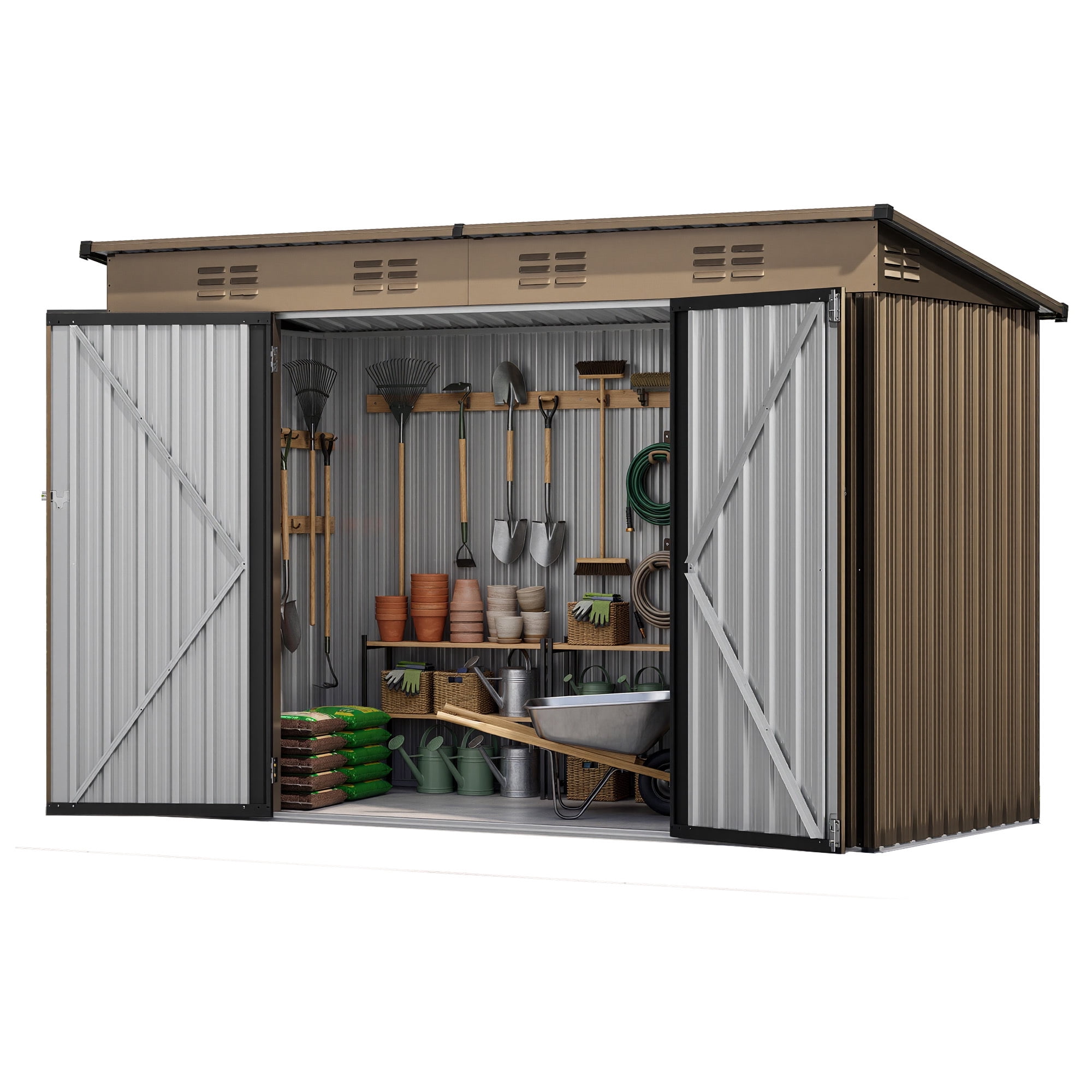 Uforic 9x4ft Metal Outdoor Storage Shed, Heavy Duty Lockable Tool Shed with Vents, for Backyard Patio Lawn Bike Lawn Mower Garden Tools, Brown