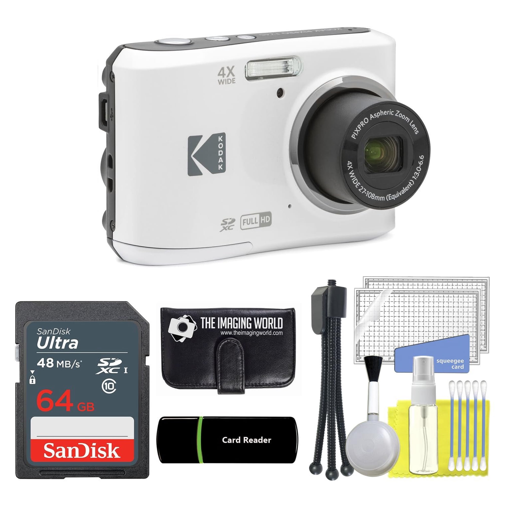 Kodak PIXPRO FZ45 16MP Digital Camera 4X Optical Zoom 27mm Wide Angle 1080P Full HD Video 2.7" LCD Camera White + 64GB Card and Reader + Memory Wallet + Tripod + Cleaning Bundle