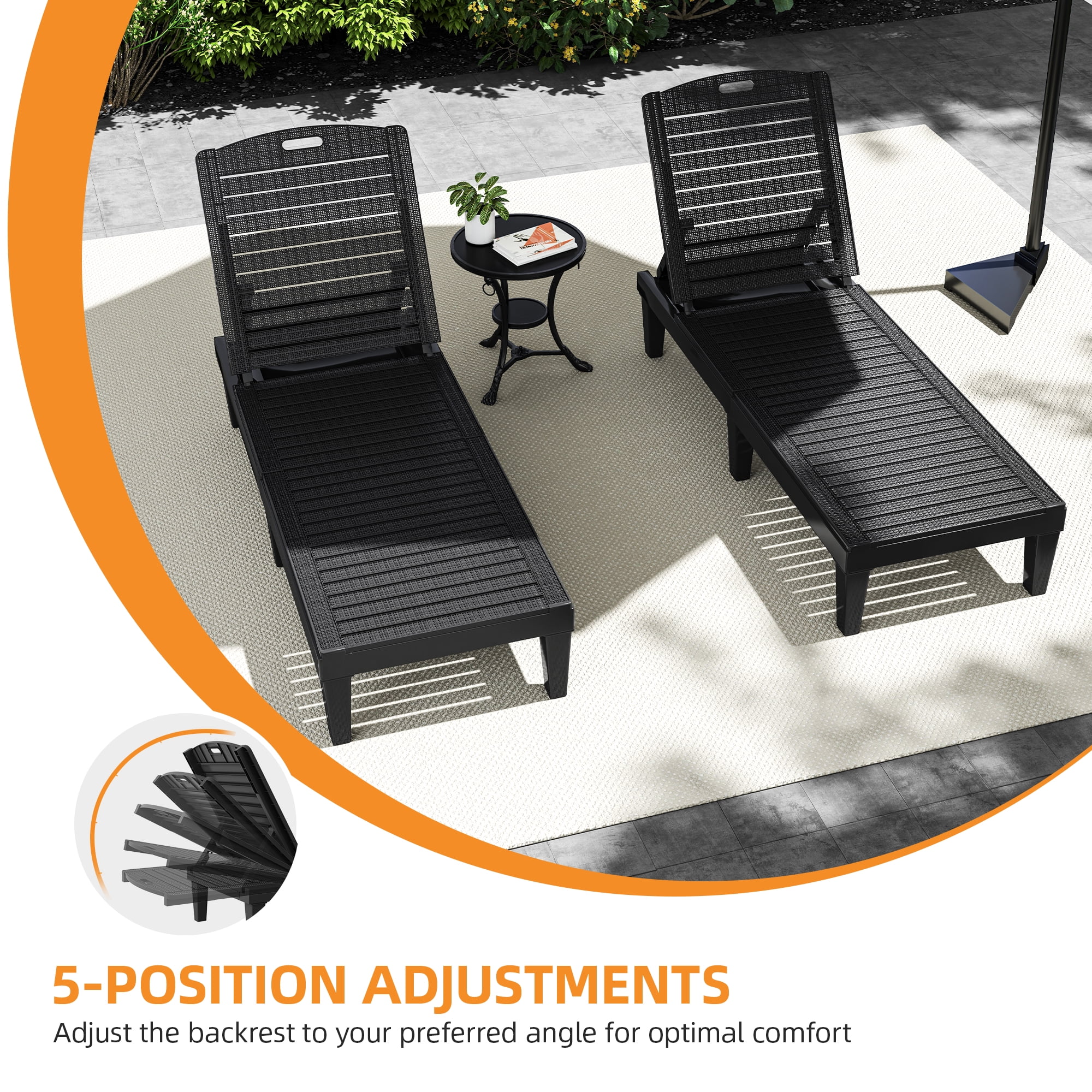 Uforic Outdoor Chaise Lounge Set of 2, 5-Position Adjustable Backrest, Waterproof for Patio, Black