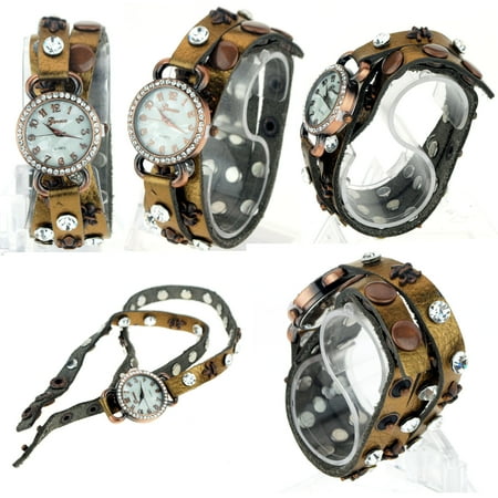 Geneva Copper Strap On Leather Rhinestone Bling Jewel Bracelet Analog Wrist Watch