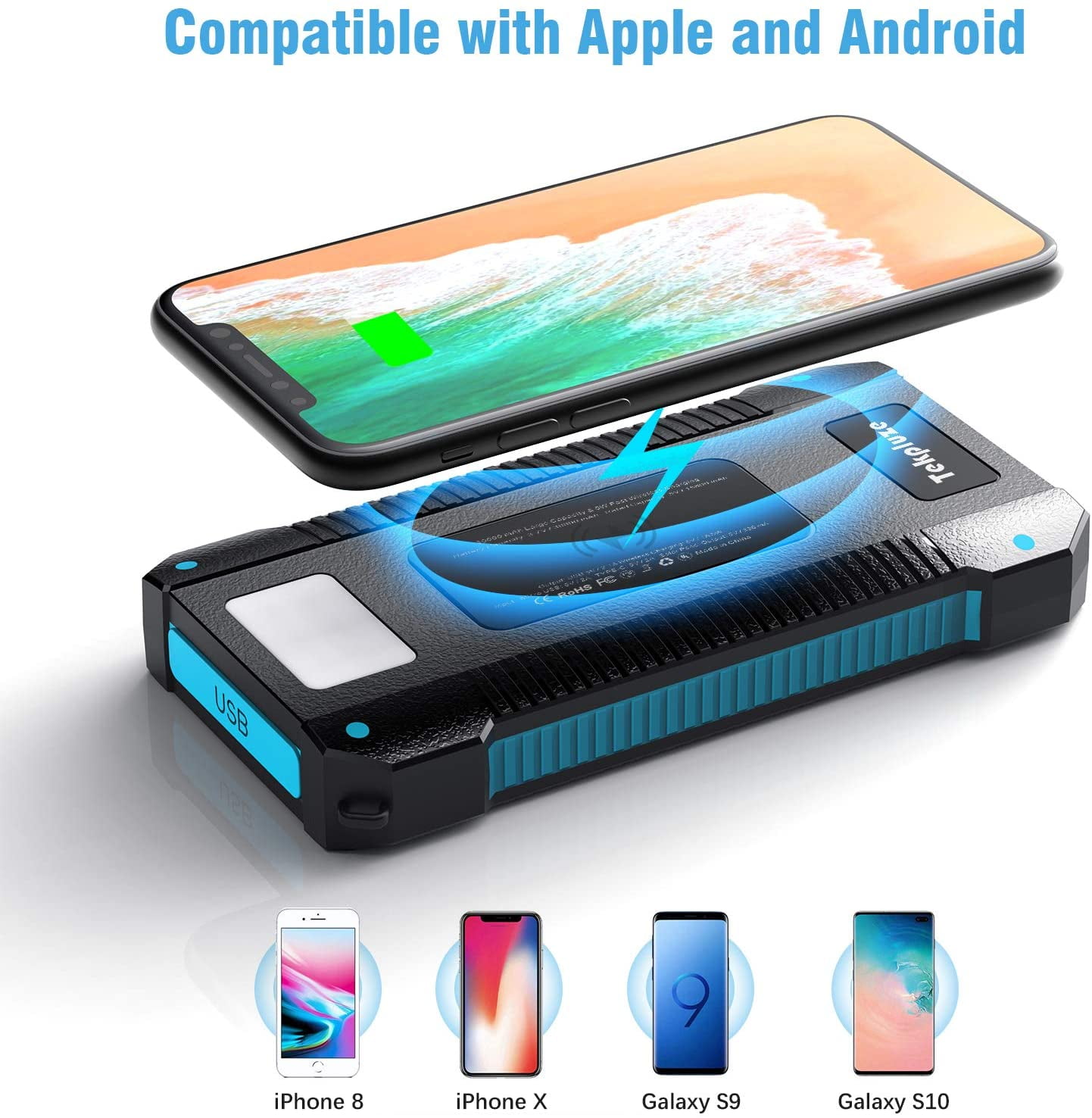 Solar Power Bank 30000 mAh, Wireless Portable Charger Solar Panel External Battery Type-C 5V Dual USB with LED Flashlight (Waterproof, Dustproof, Shockproof) Compatible with iOS & Android