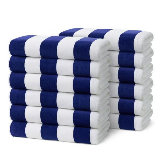 Ben Kaufman Joey Velour Striped Towel - Oversized & Absorbent Striped Beach Towels - Colorful Yarn Dye Stripe Cotton Towel for Swimming & More - Lightweight & Soft Swim Towels - Blue, 12 Pack