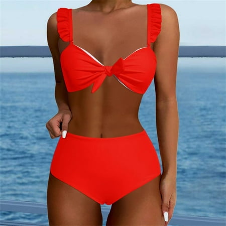 Ovticza Womens High Waisted Bikini Sets Ruffle Cheeky Tummy Control Full Coverage Push Up Solid Two Piece Swimsuits Vermilion 2XL