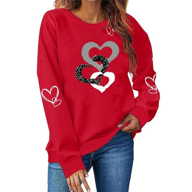 Xuyuer Valentines Day Shirts Women Valentine Crewneck Sweatshirts Love Heart Sweatshirt Valentine's Long Sleeve Tops Printed Sweatshirt Casual Loose Vintage Graphic Pullover Tops