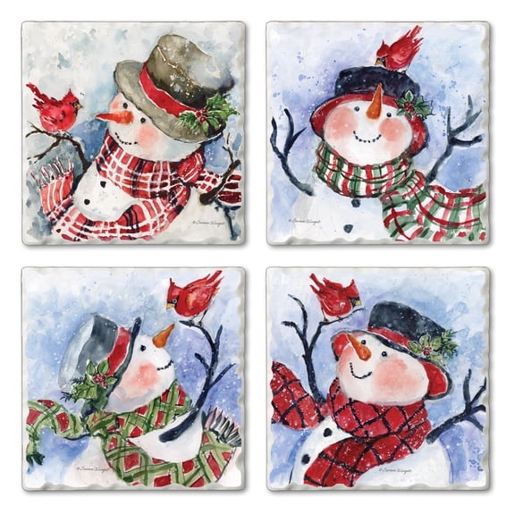 Thirstystone Watercolor Snowmen 4-Pack Assorted Tumbled Tile Coasters