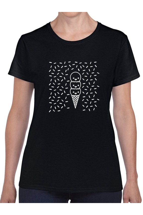 Cute Kawaii Ice Cream Graphic Women Black T-Shirt, Female Large