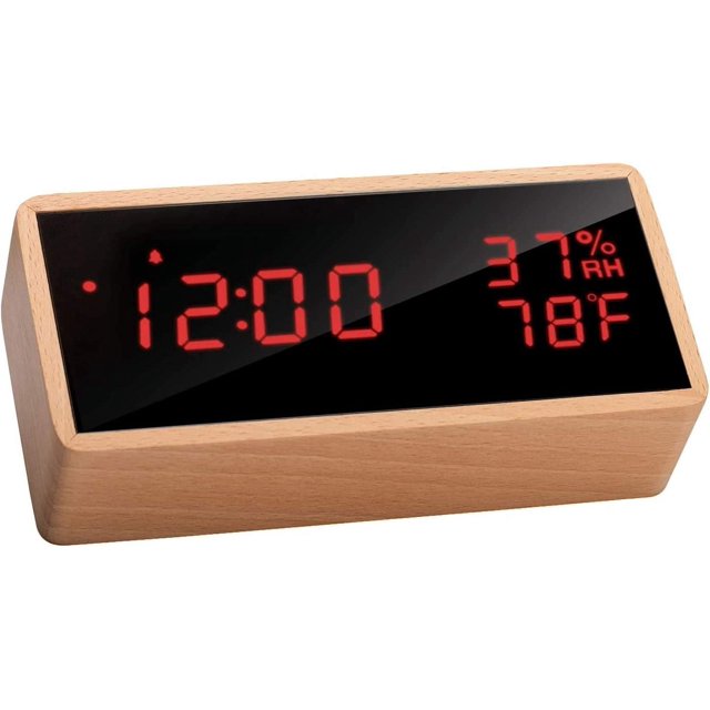 Reloj despertador digital de madera, reloj digital con 3 configuraciones de alarma, reloj despertador electrónico alimentado por USB Reloj despertador con repetición Pantalla LED de tiempo, temperatura y humedad, rojo Rojo Verde