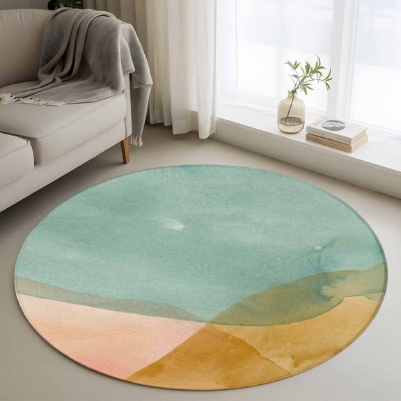 Summer Beach Round Area Rug 3Ft Washable Small Circle Rugs for Kitchen Entryway, Ocean Teal Pink Yellow Graident Non-Slip Carpet Floor Mats Indoor Outdoor Carpet Runner Aesthetic Home Decor