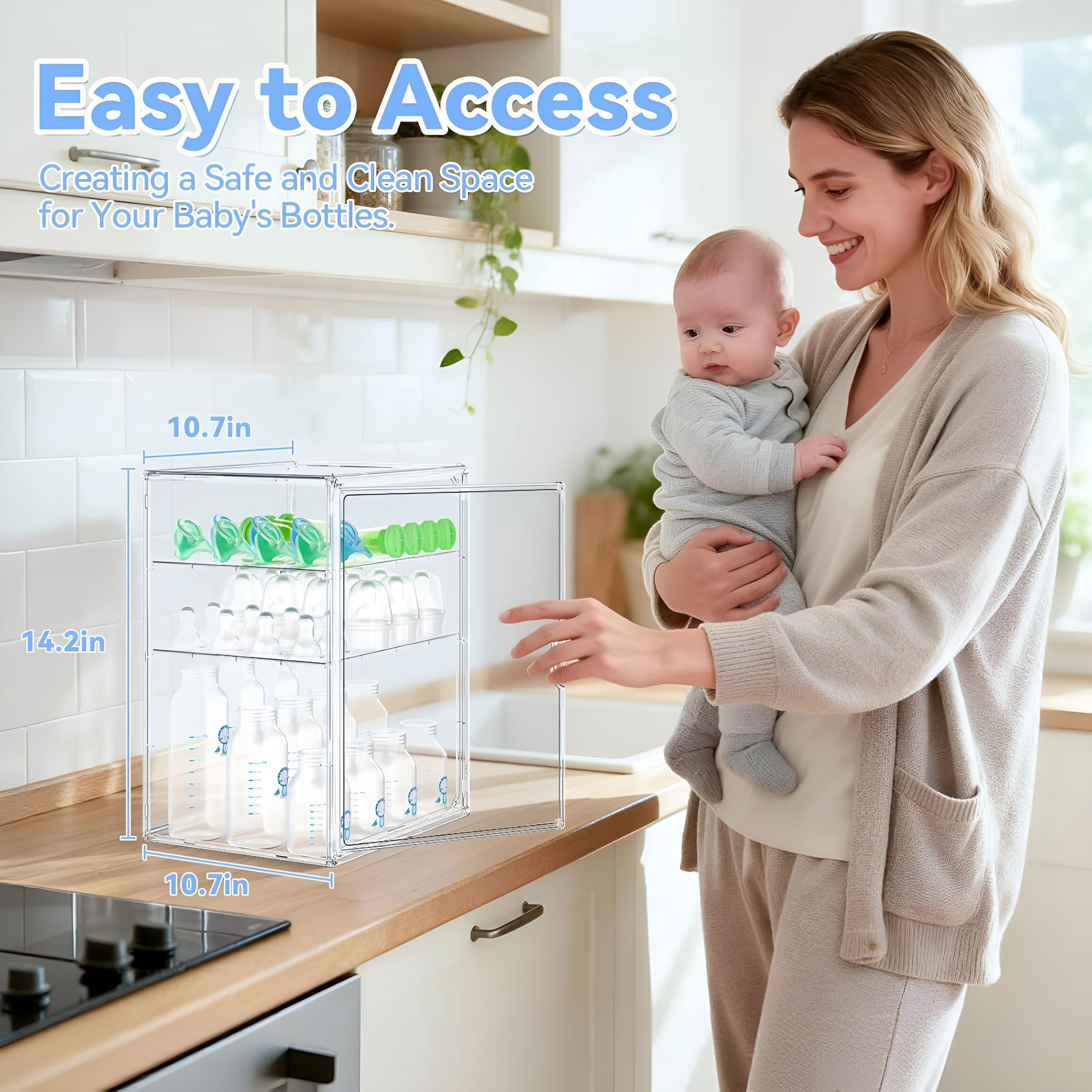 XIBUFE Baby Bottle Storage Organizer for Countertop,Large Clear Bottle Organizer,Baby Bottle Storage Organizer for Bottles,Nipples,Pump Parts&Food Jars,Nursery Cabinet,Kitchen Pantry