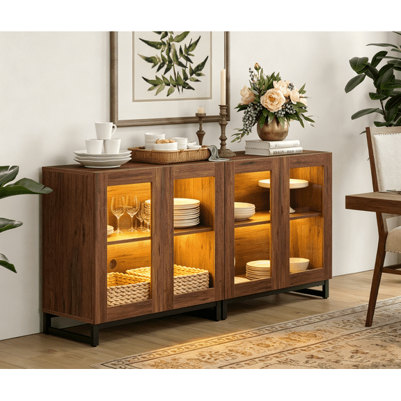 Modern Sideboard Buffet Cabinet with Glass Door & Drawer, Adjustable Shelf Credenza, Coffee Bar Storage Cabinet for Living Room & Kitchen,Brown