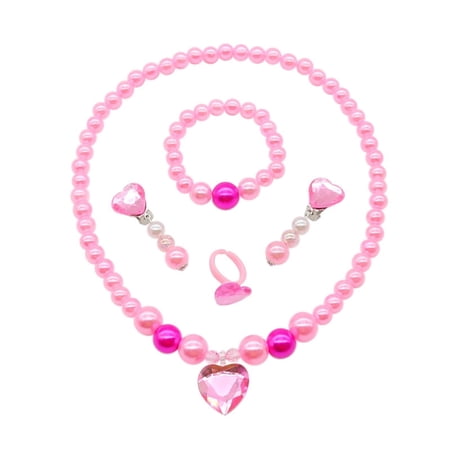 Girls Jewelry Set - Toddler Dress up 5 Piece Pretend Plasy Toy Jewelry Box Set with Bead Necklace, Bracelet Ring and Hair Clips - Play Accessories - Ages 3+ Girl Birthday Gifts