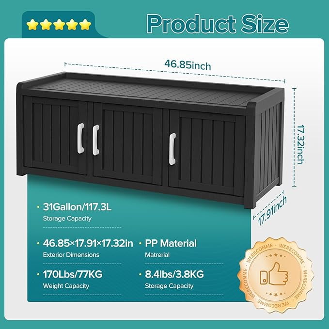 Joxxoaa storage Benches 120 Gallon 3-Door Shoe Cabinet – Resin Shoe Bench with Storage for Entryway & Hallway (Black, Three-Door)