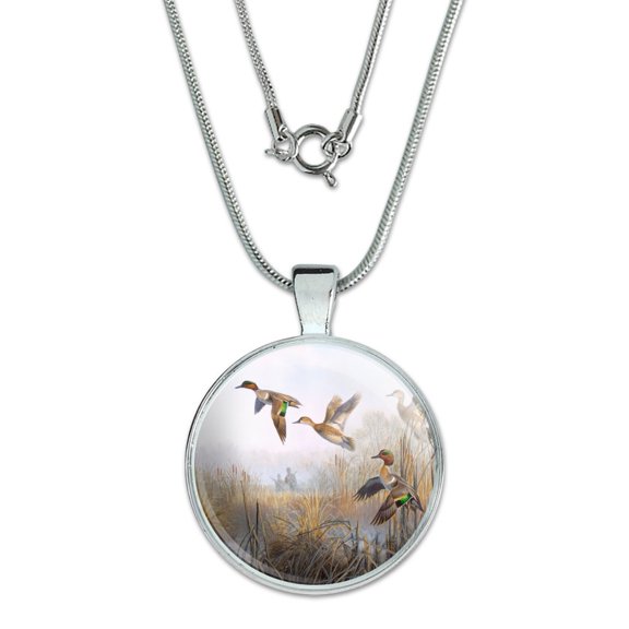 Green-Winged Teal Ducks Taking Flight Hunters Hunting 1" Pendant with Sterling Silver Plated Chain