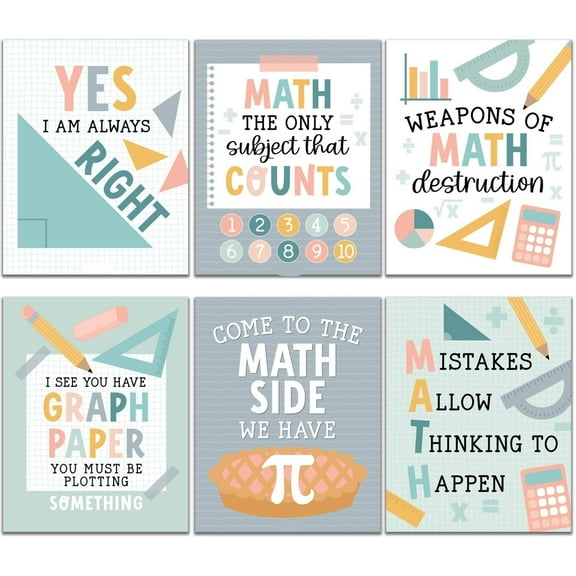 6 Math Posters Fun & Motivational Math Posters for Elementary, Middle & High School, Teacher Must Haves for Classroom Decor & Bulletin Board Sets, Pastel Classroom Decor