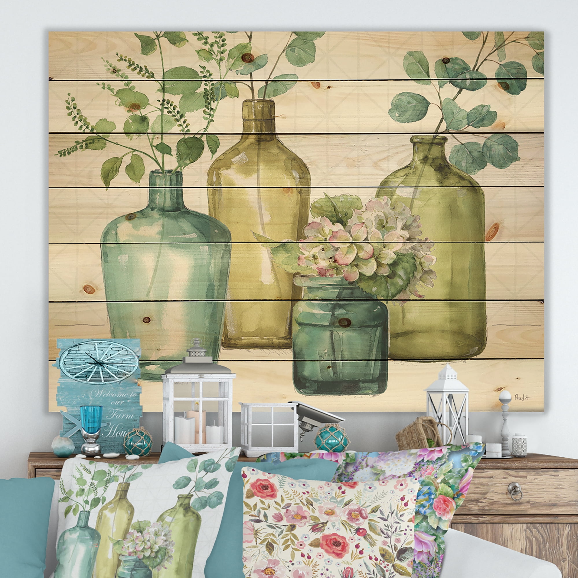 Designart 'Botanical Mixed Green Leaves VIII' Cottage Print on Natural Pine Wood