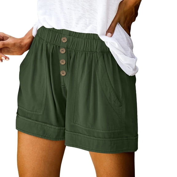 Audhol Shorts for Women Shorts Casual Women's Button High Waist Casual Pocket Pants Casual Elastic Waist Pocketed Loose Shorts Pants High Waisted Shorts Women Army Green L