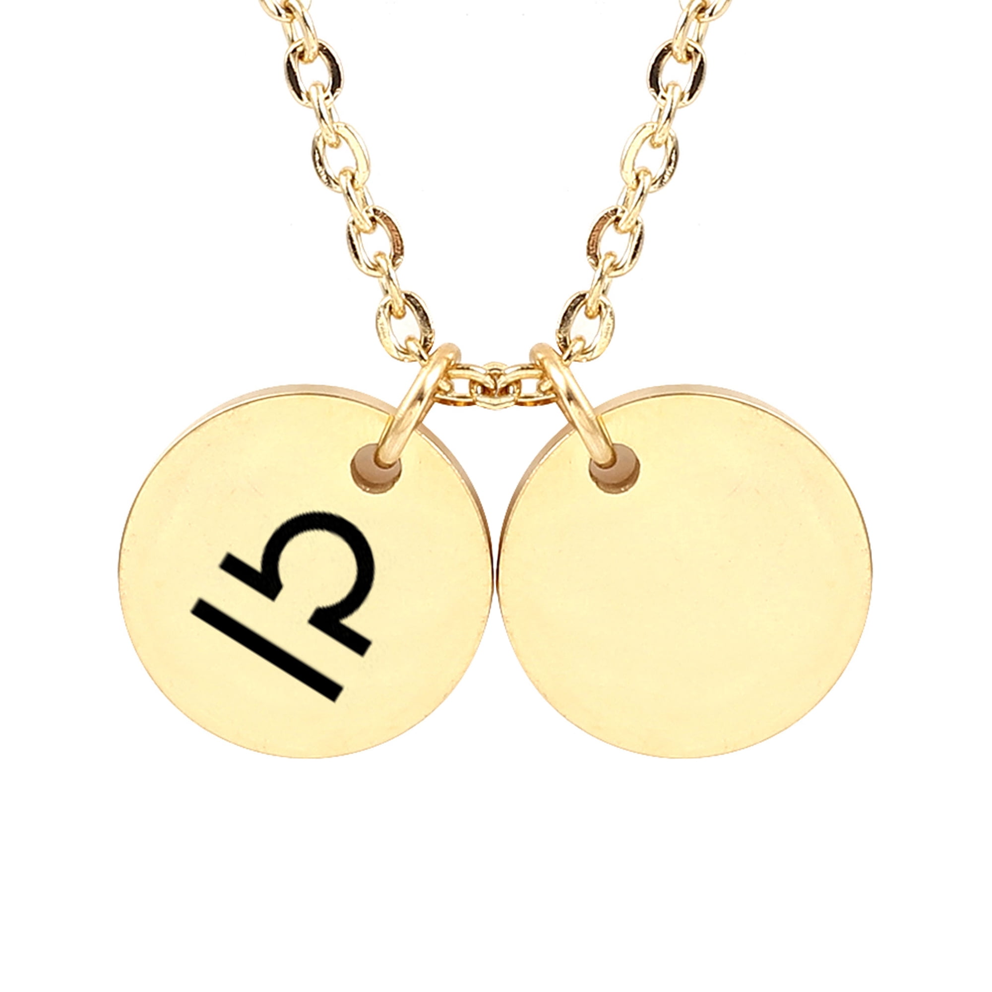 Personalized Round Constellation Initial Necklace - Engraved Zodiac Symbol Jewelry - Christmas Gift for Her - Stainless Steel - 18" Chain - Gold Libra