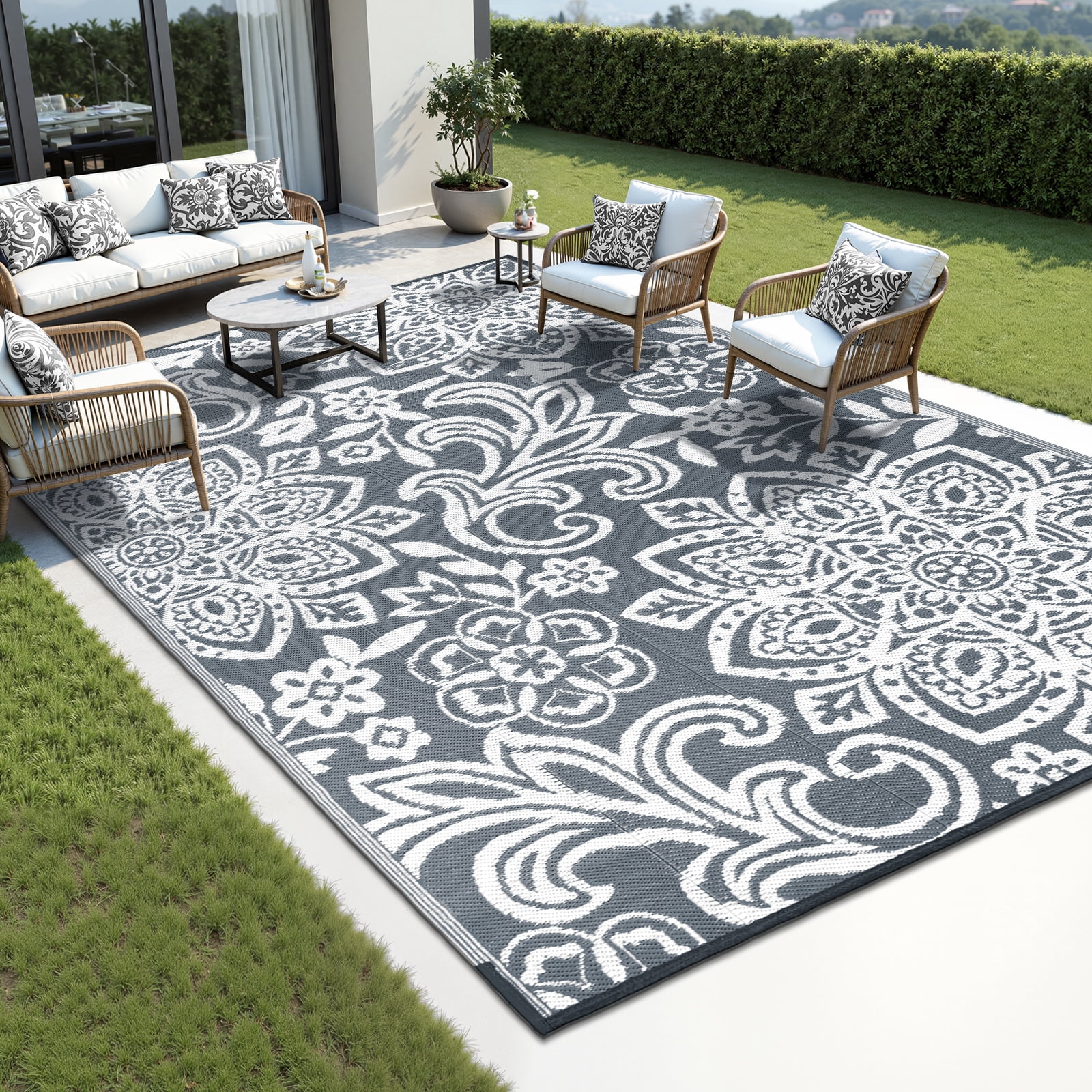 MJIAexp 9'x12' Gray Outdoor Rug Patio Rug Waterproof RV Outdoor Rug Camping Rugs Reversible Plastic Straw Rug Large Outdoor Mat for Camping, Balcony Apartment, Patio, Porch, Picnic, Beach