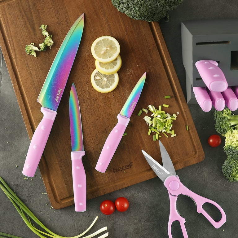 Hecef 14 Pieces Knife Set with Block, Dishwasher Safe Rainbow Titanium Kitchen Knives Set, Size: 14 x 8.5 x 5.12, Purple