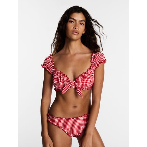 Kacey Lee Women's and Women's Plus Tie Front Bra Bikini Top with Cap Sleeves, Sizes XS-3X