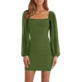 thumbnail image 1 of HAHDAXIA Women's Mesh Long Sleeve Square Neck Ruched Party Club Cocktail Bodycon Mini Dress, 1 of 6