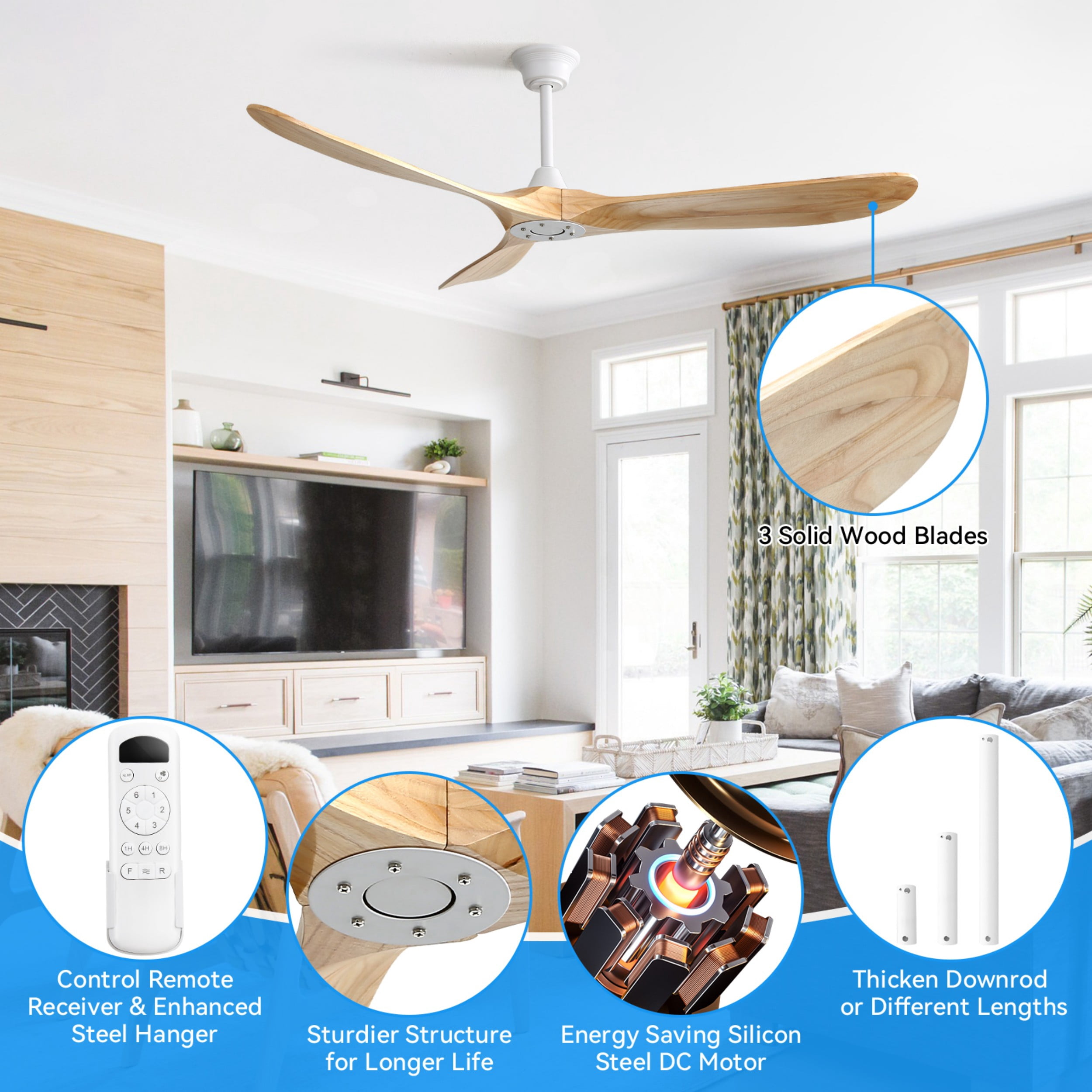 Sofucor 60" Ceiling Fan no Light, Outdoor Ceiling Fans for Patios Without Lights, Remote Control, Solid Wood 3 Blades, Quiet, Indoor Ceiling Fan for Living Room, Patio, Bedroom, Porch, Farmhouse