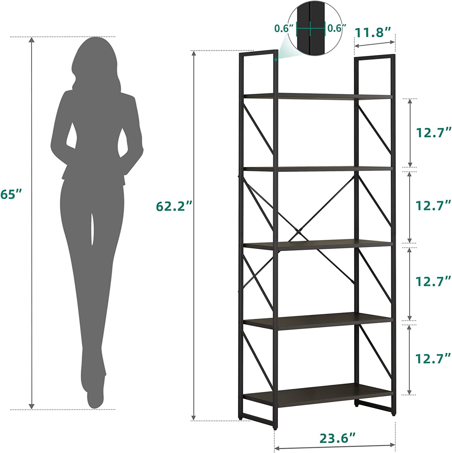 Dextrus 5-Tier Ladder Bookshelf, 65" Industrial Bookcase with Storage Shelves for Bedroom, Living Room, Office – Black