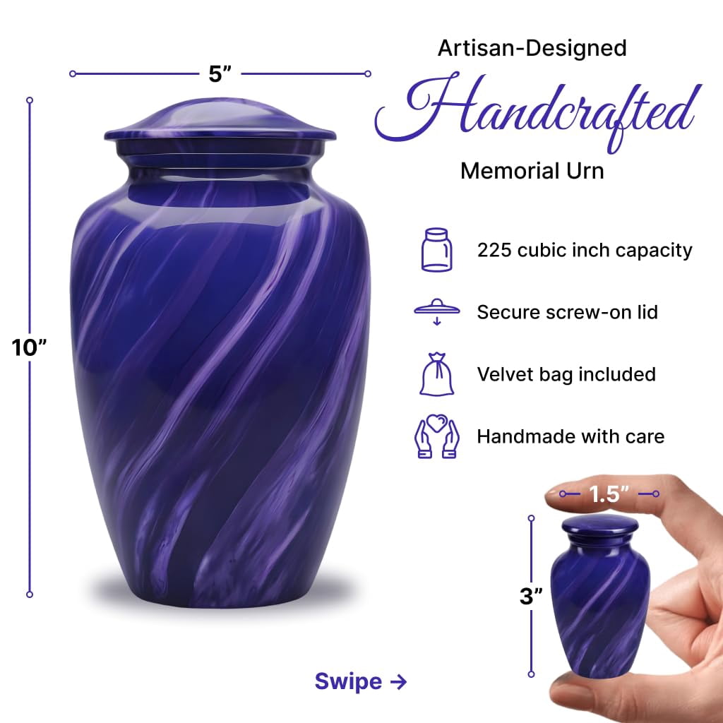 Set of 6 Purple Marble Cremation Urns for Human Ashes Includes 1 Large Urn with 4 Small Keepsakes & 1 Silver NecklaceUrn