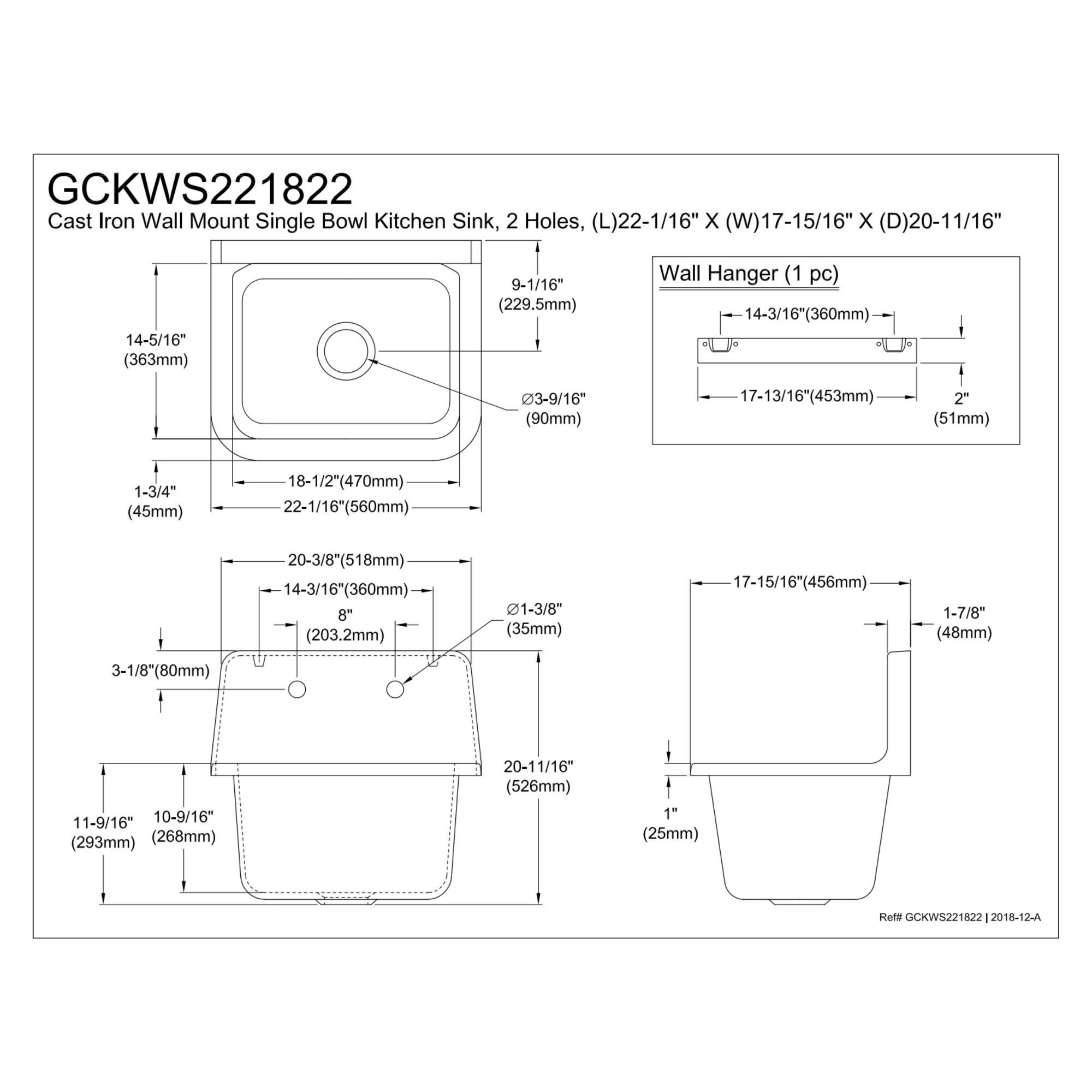 Fauceture GCKWS221822 Petra Galley 22" Cast Iron Single Bowl Wall Mount Kitchen Sink (2-Hole), White