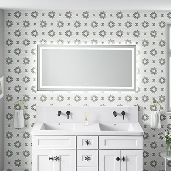 60 x 28 Inch LED Bathroom Mirror with Front and Backlight, Wall Mounted Vanity Mirror with Aluminum Frame, Anti-Fog,