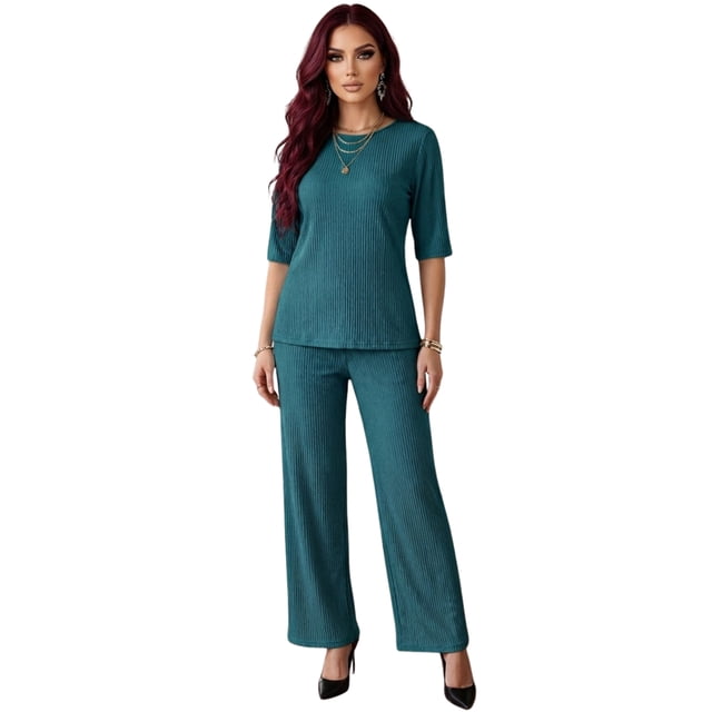Conjunto 2 Piezas Blusa y Pants Casual Elegante Súper Cómodo Tejido Canalé para Mujer