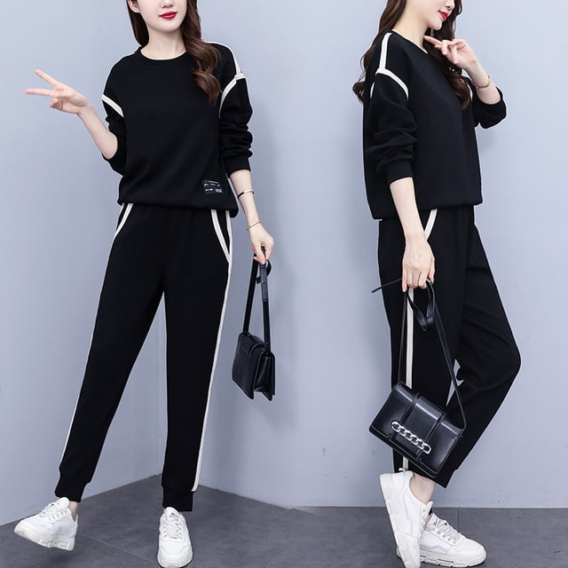 Vêtements de Printemps et d'Automne pour Femmes Fille style Occidental Réducteur d'Âge simple Ample Amincissant Col Rond Manches Longues Chandail Pantalon de Sport Ensemble