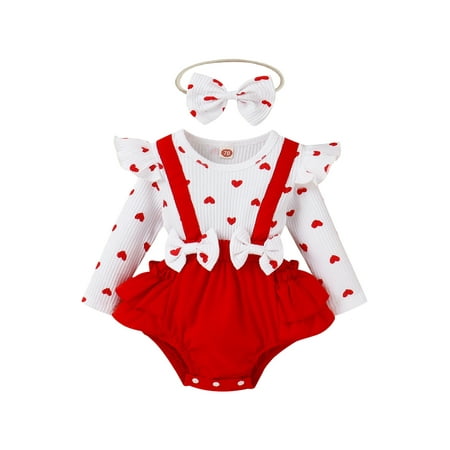 

Binpure Valentine s Day Infant Girls Romper Heart Print Long Fly Sleeve Crew Neck Ruffles Jumpsuits Baby Bodysuits with Bow Headband
