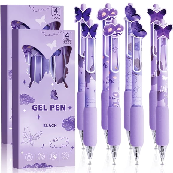 8 Pcs Purple Butterfly Pens Cute Retractable Gel Pens 0.5mm Black Ink Writing Pen for Women Men Pen Set Office Home Supplies